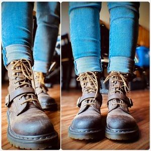 Dr Martens Hilda Brown Oiled Leather Strapped Combat Boots Womens US 8 UK 6